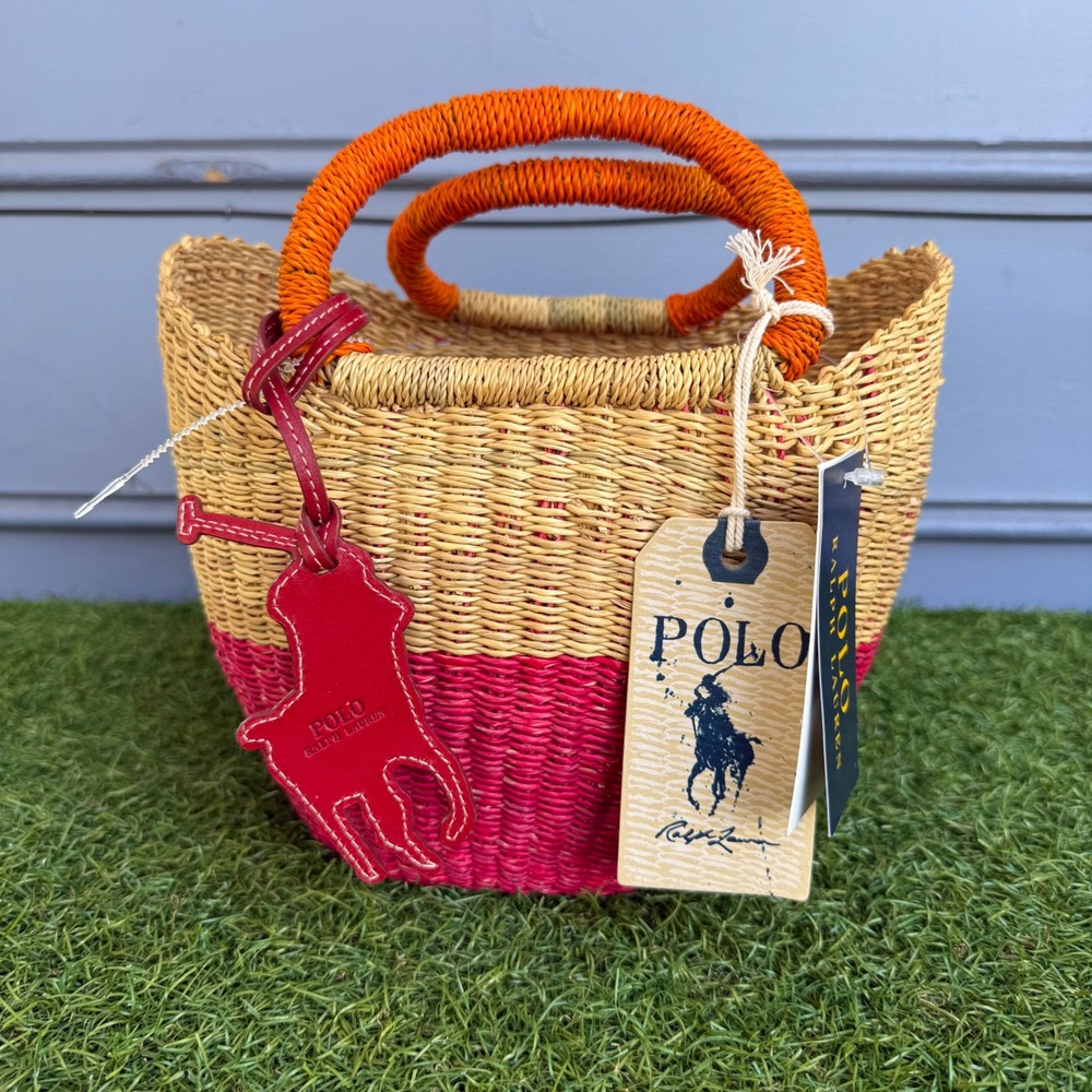 NWT Polo Ralph Lauren Woven Straw Basket Bag Natural Red Orange